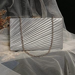 Silver Grey Textured Party Clutch with Chain Strap