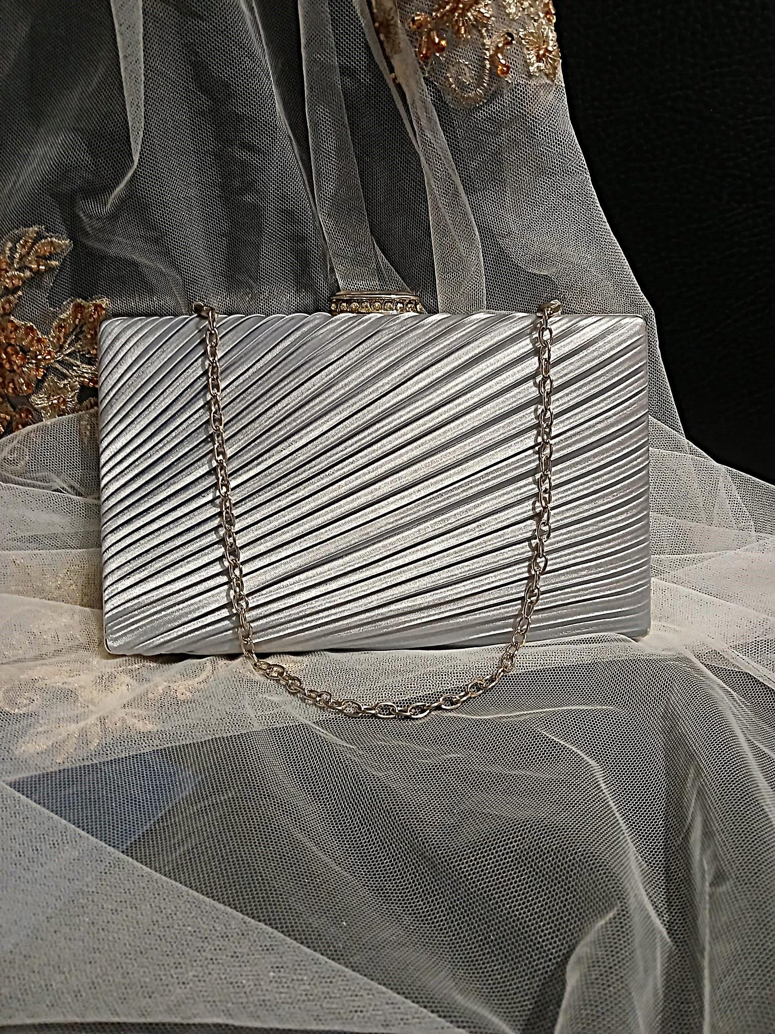 Silver Grey Textured Party Clutch with Chain Strap