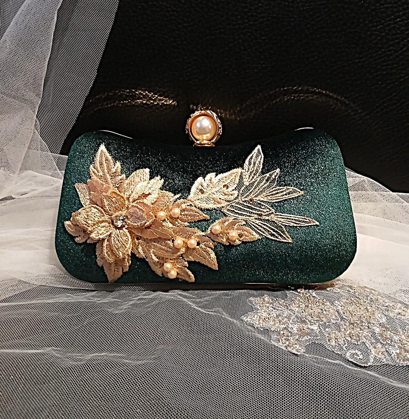 Elegant Evening Clutch with Pearl and Leaf Appliqué