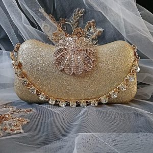 Gold Occasion Clutch with Rhinestone Floral Accent
