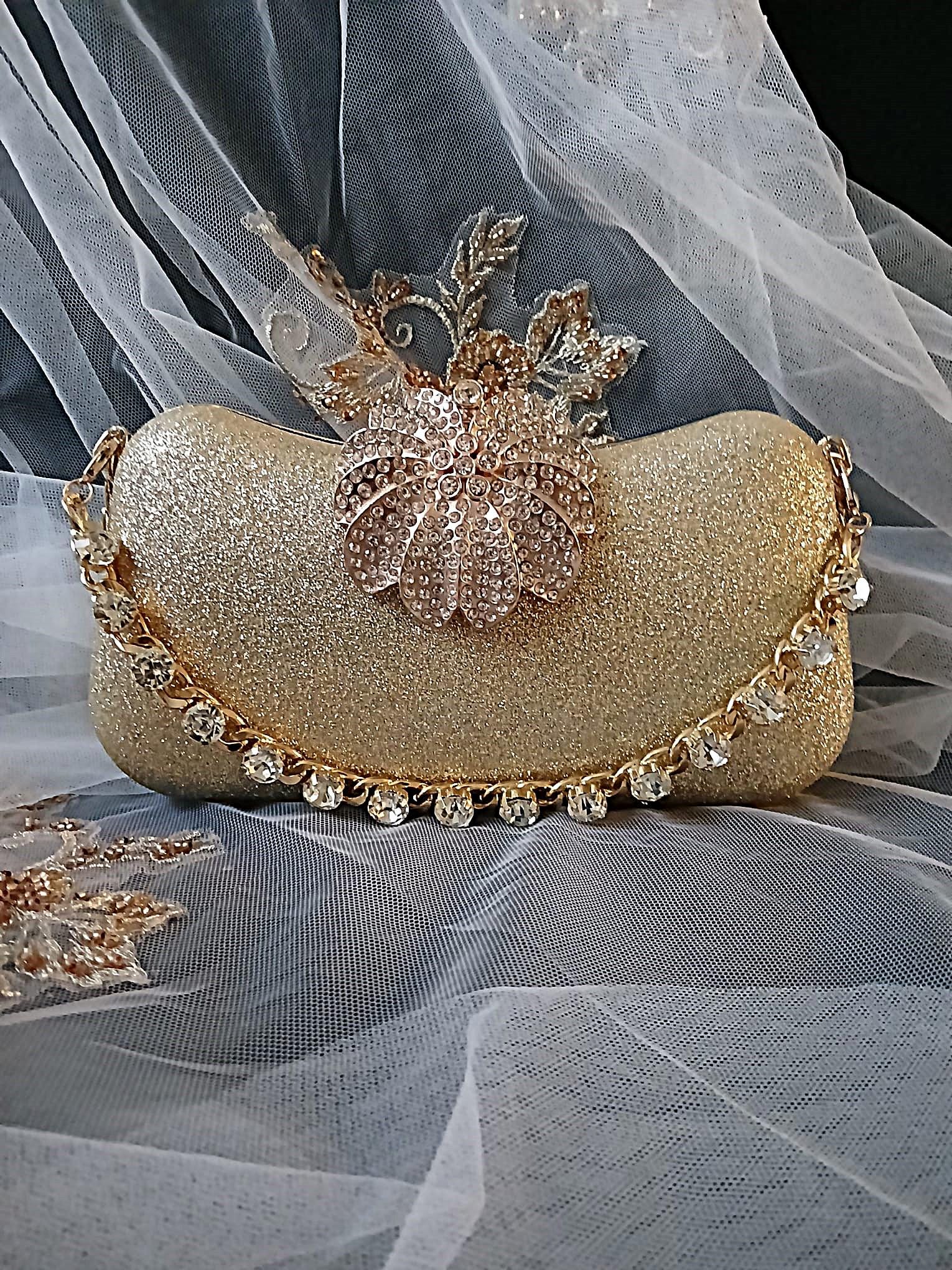 Gold Occasion Clutch with Rhinestone Floral Accent