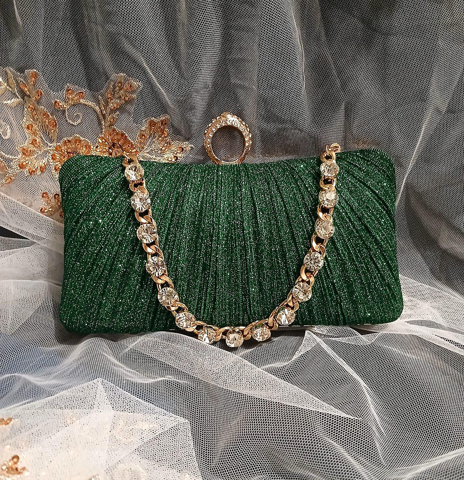 Forest Green Glitter Clutch Bag with Crystal Chain