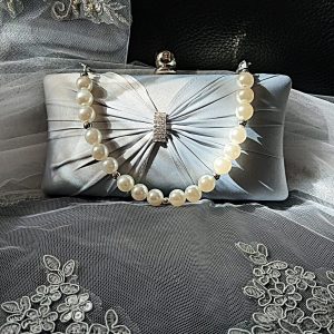 Silver Pleated Party Handbag with Crystal Accent