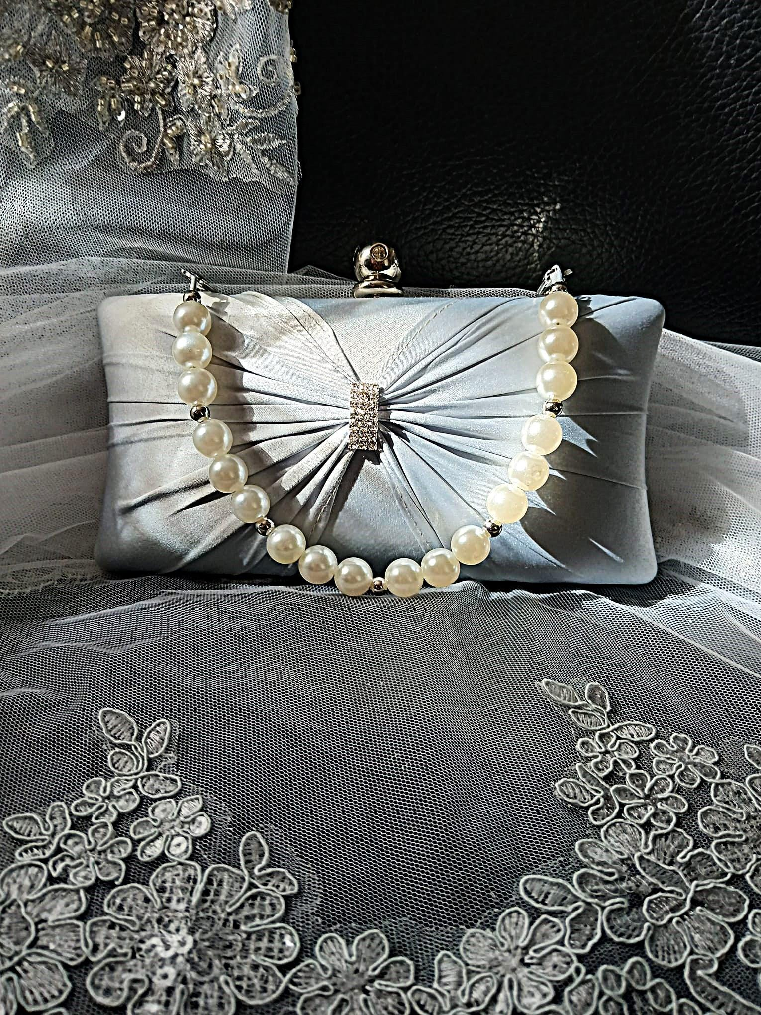 Silver Pleated Party Handbag with Crystal Accent