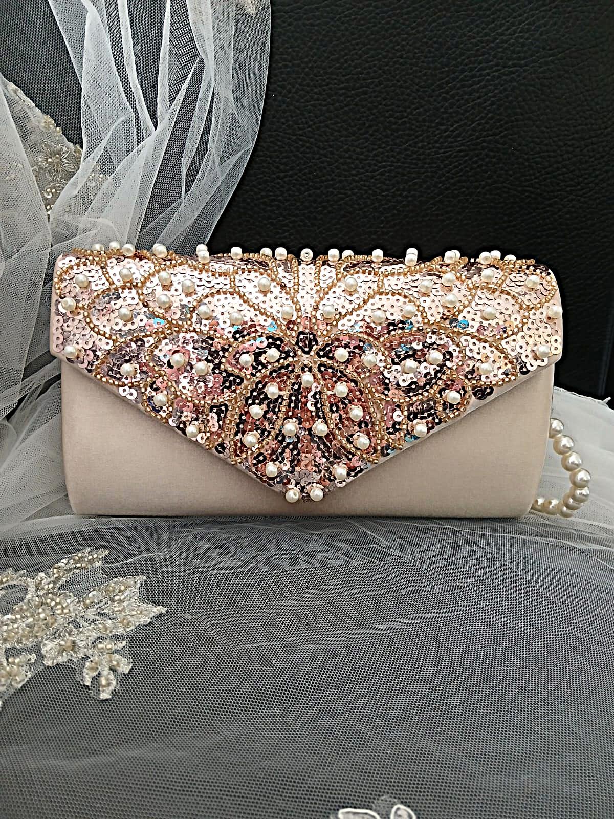 Champagne Beaded Envelope Clutch Bag