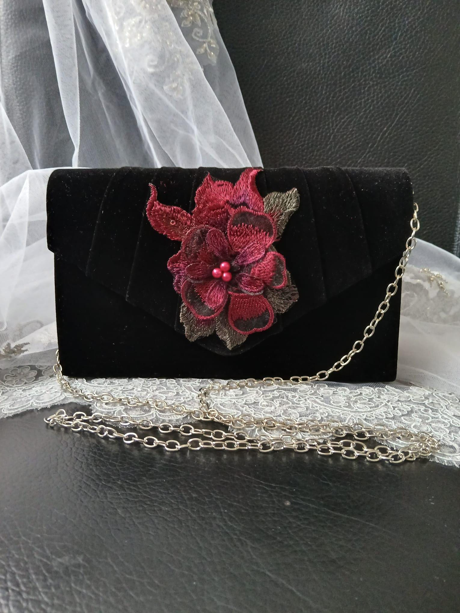 Black Floral Embellished Envelope Clutch Bag